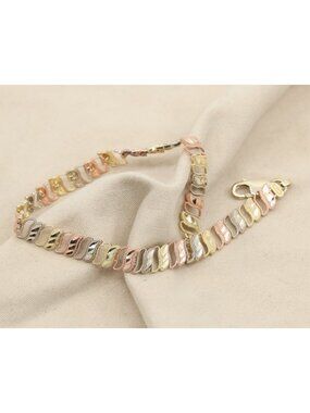 12K Tri Tone Multi Color Gold Diamond Cut Flat Tennis Link Bracelet - 7.50" L
